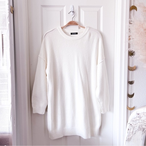 Ivory Crewneck Oversized Knit Sweater Dress - Picture 2 of 8